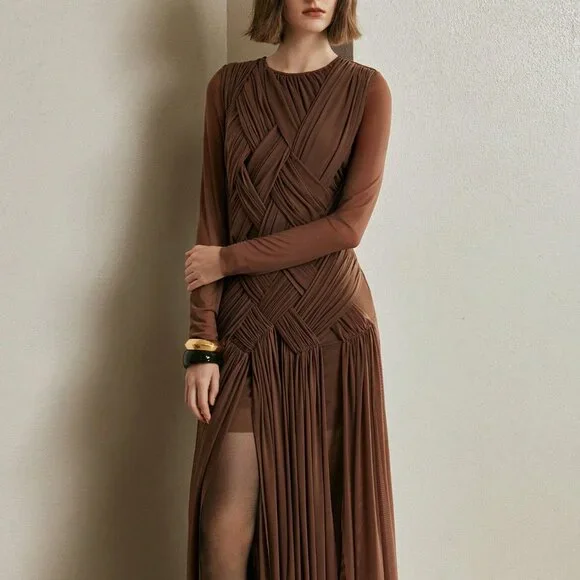 Coffee Brown Elegant Women's Long Dress - Picture 7 of 8